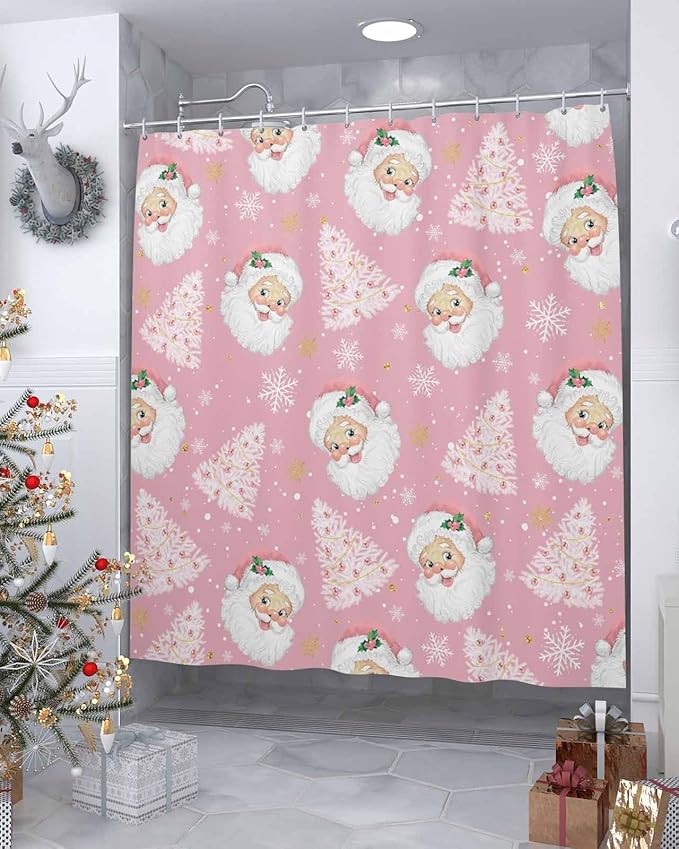 Pink Christmas Shower Curtain, Santa Claus Merry Christmas Tree Shower Curtains Set with Hooks, Winter Snowflake Waterproof Fabric Bathroom Curtains Decor Home Accessories,Stall 48 X 72 Inch