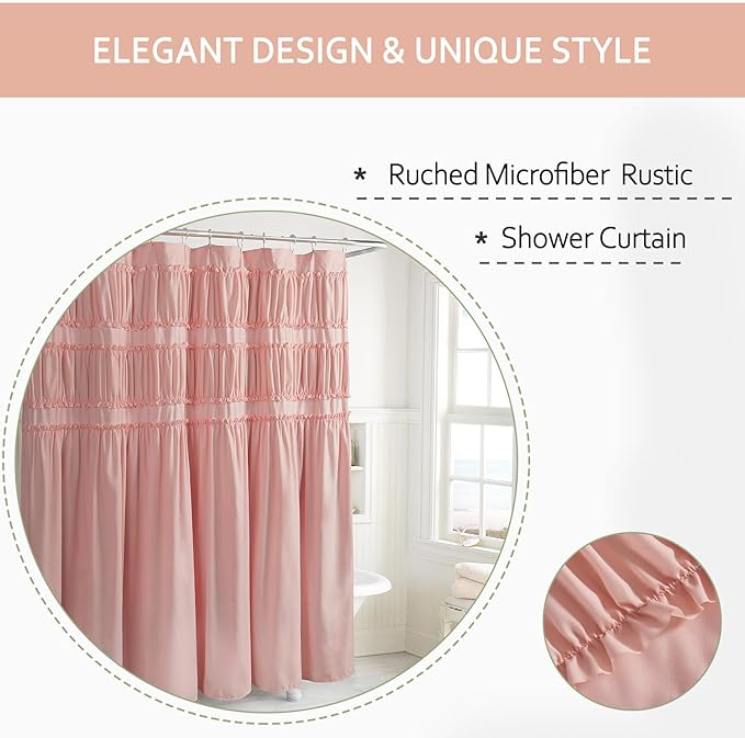 Ruched Ruffled Shower Curtain 72" W x 72" H, Peach Pink Microfiber Rustic Decorative Bath Curtain for Bathroom, Farmhouse and Boho Bathroom Décor, Machine Washable (LQ-38)