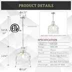 Extra Large 16" Vintage Farmhouse Pendant Light – Hand-Blown Clear Hammered Glass Shade, Adjustable Chain Hanging Light for Kitchen Island, Hallway, Dining Room, Chrome