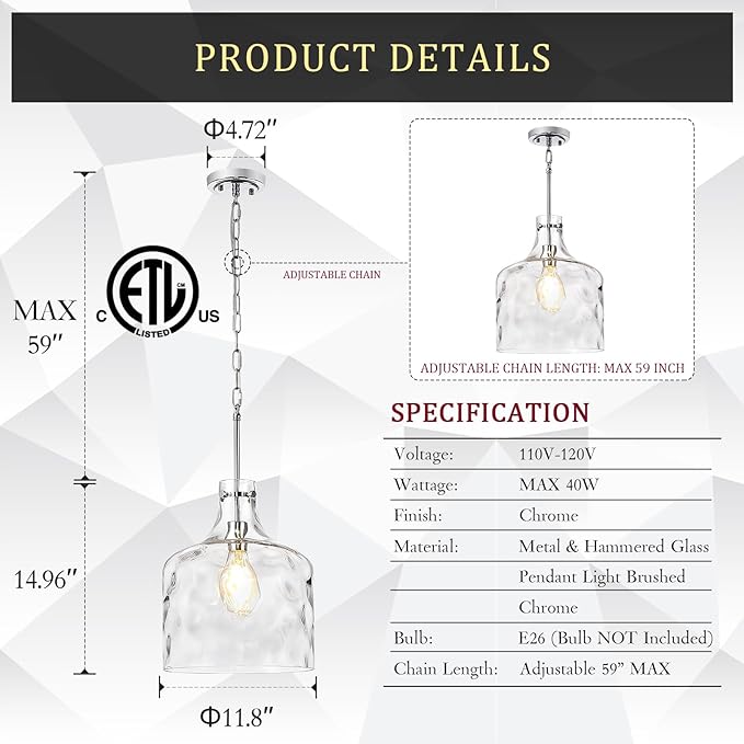 Extra Large 16" Vintage Farmhouse Pendant Light – Hand-Blown Clear Hammered Glass Shade, Adjustable Chain Hanging Light for Kitchen Island, Hallway, Dining Room, Chrome