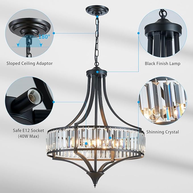 XINGQI Black Crystal Chandeliers for Dining Room, 21.6" Large Rustic Farmhouse Chandelier with Round Metal Shade, 6-Light Dining Room Light Fixture for Kitchen Island Hallway Bedroom