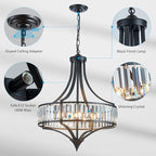 XINGQI Black Crystal Chandeliers for Dining Room, 21.6" Large Rustic Farmhouse Chandelier with Round Metal Shade, 6-Light Dining Room Light Fixture for Kitchen Island Hallway Bedroom