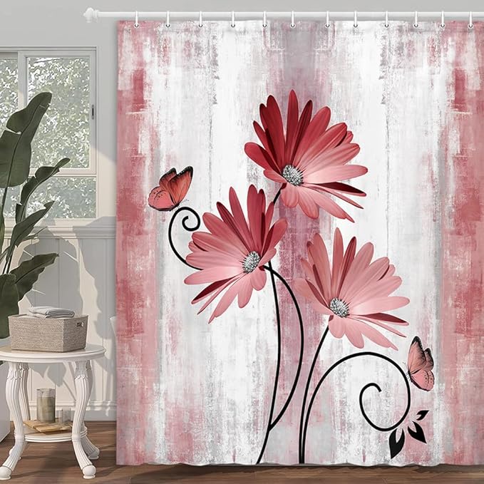 Rustic Farmhouse Shower Curtain, Farm Red Daisy Floral Flowers and Butterfly on Country Wooden Shower Curtain for Bathroom, Light Burgundy Gray Grey Shower Curtain with 12PCS Hooks, 70X75IN