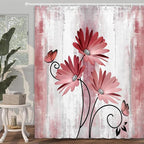 Rustic Farmhouse Shower Curtain, Farm Red Daisy Floral Flowers and Butterfly on Country Wooden Shower Curtain for Bathroom, Light Burgundy Gray Grey Shower Curtain with 12PCS Hooks, 70X75IN