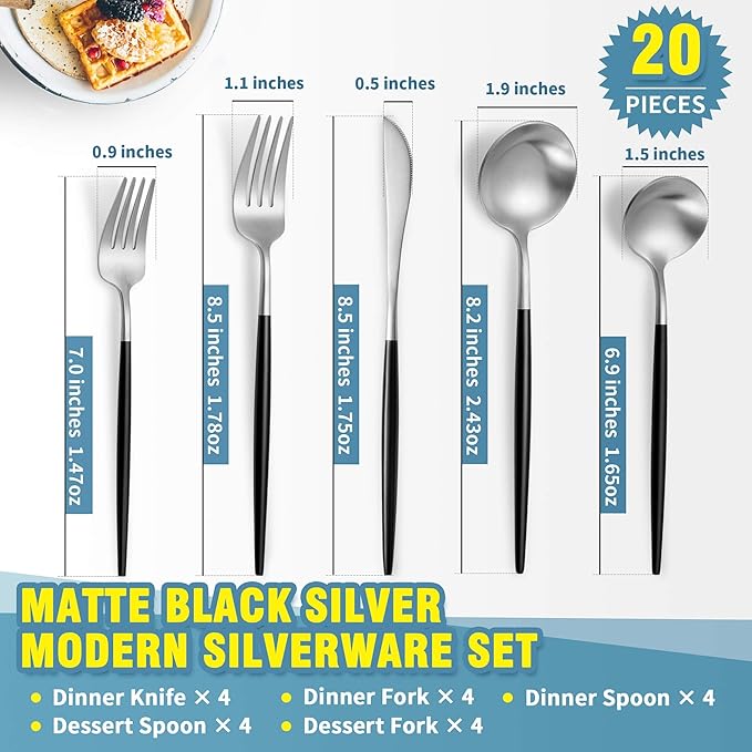 Lemeya Matte Black Silver Silverware Set for 4,Modern Stainless Steel Brushed Cutlery Set,20-Pieces Heavy Duty Flatware Set,Knives Spoons and Forks Set Utensils Set, Satin Finish, Dishwasher Safe