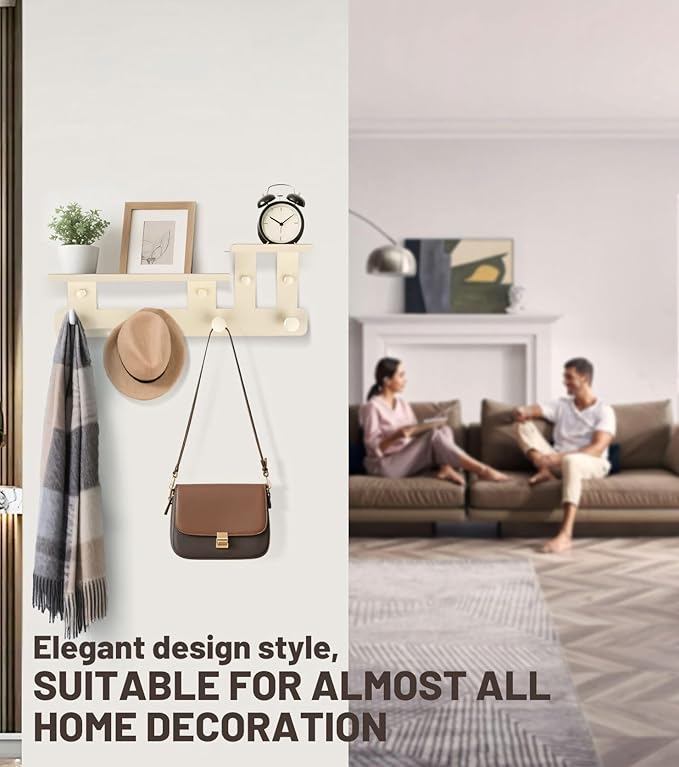 2025 new coat rack wall mount with shelf, shelf with hooks comstructed from premium carbon steel, wall with hooks for entryways, bedrooms, living rooms, bathrooms. (cream white, Small size)