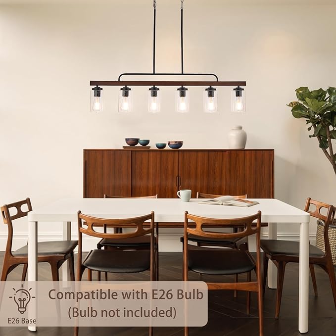 Farmhouse Chandelier 6-Light Dining Room Light Fixture Over Table Kitchen Island Lighting Rustic Chandeliers for Dining Light with Seeded Glass Shade Wood Pendant Lights Kitchen Island