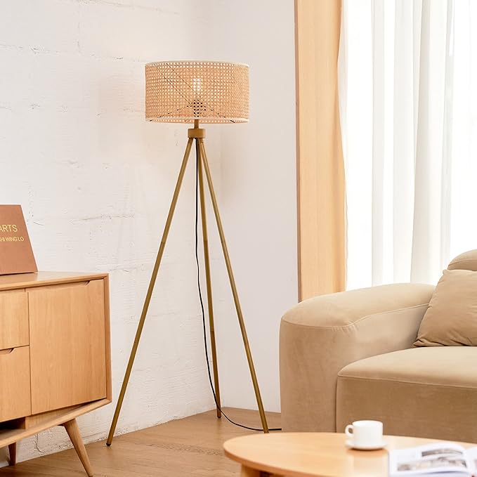 GLOBE Electric 65914 60" Floor Lamp, Faux Wood Tripod Base, Rattan Shade, On/Off Rotary Switch on Socket