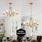 Farmhouse 6 Light Gold Chandeliers for Dining Room Light Over Table, Entryway Pendant Light for Foyer, Vintage Chandelier Ceiling Lights with Glass Shade for Kitchen Island Hallway, Adjustable Height