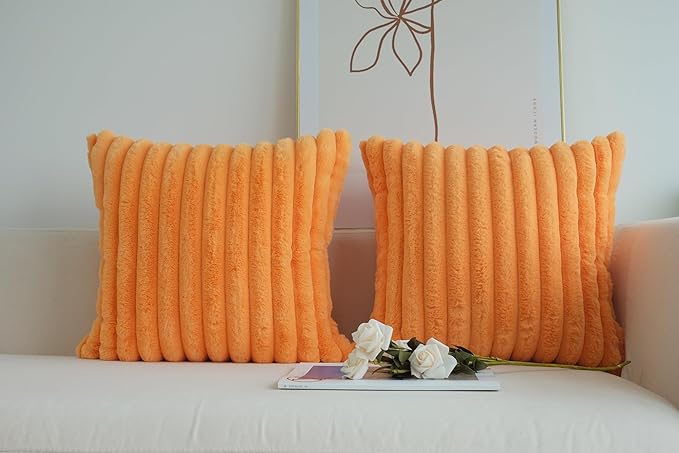 JOJUSIS Pack of 2 Faux Fur Plush Decorative Throw Pillow Covers Couch Cushion Case Soft Pillowcases (Orange, 24 x 24-Inch)