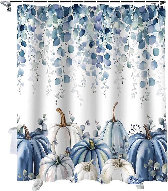 Vandarllin Fall Thanksgiving Shower Curtain, Blue Eucalyptus Leaves Shower Curtains Set with Hooks, Autumn White Pumpkin Waterproof Fabric Bathroom Curtains Decor Home Accessories,66 X 72 Inch Long