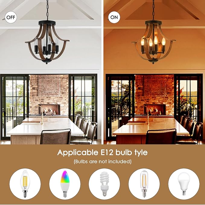 Farmhouse Hanging Pendant Lighting, 4-Light Rustic Flush Mount Ceiling Light Fixture,Modern Faux Wood Vintage Chandelier for Dining Room Kitchen Island Foyer Hallway Entryway Bedroom