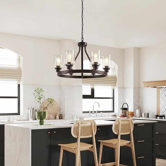 6-Light Farmhose Chandelier for Dining Room Light Fixture Oil Rubbed Bronze Kitchen Pendant Light Round Rustic Ceiling Hanging Lighting with Glass Globes Adjustable Height Metal E26