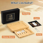 Bamboo Cheese Board Set - Charcuterie Boards and Serving Meat Platter, Cheese Tray with 4 Stainless Steel, 1 Drawers, Cheese Knives Cutting Board Platter, Ideal for Halloween, Wedding
