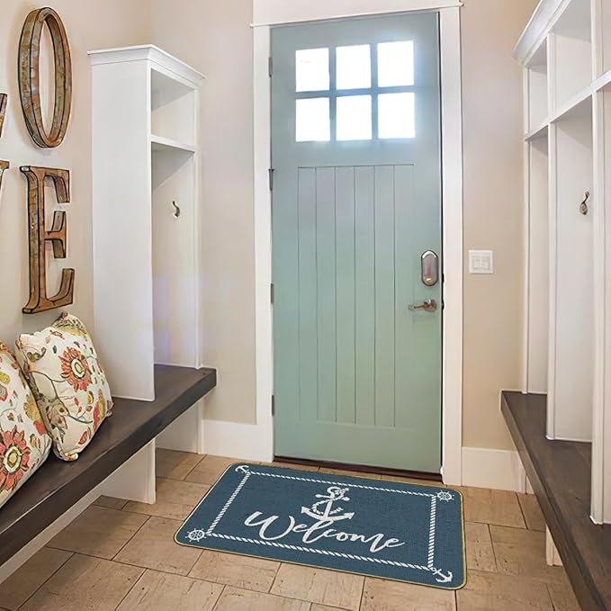 Mingnei Nautical Rug, Deep Blue Welcome Mat for Home Boats Entrance, Indoor Outdoor 30 x 17