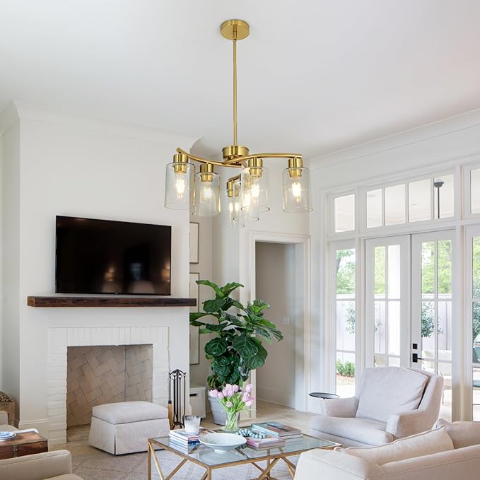 Modern Chandeliers for Dining Room 6-Light Gold Chandelier Seeded Glass Pendant Lights Kitchen Island for Living Room Foyer Bedroom E26 Base