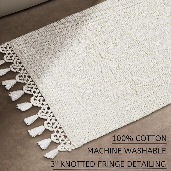 Savi Home Cotton Woven Jacquard Bathroom Rug, Woven Fringe Bathroom Mats, 100% Cotton, Non - Slip Bath Mat, Durable Thick Bath Mat 17”x30” with Fringes, Ivory