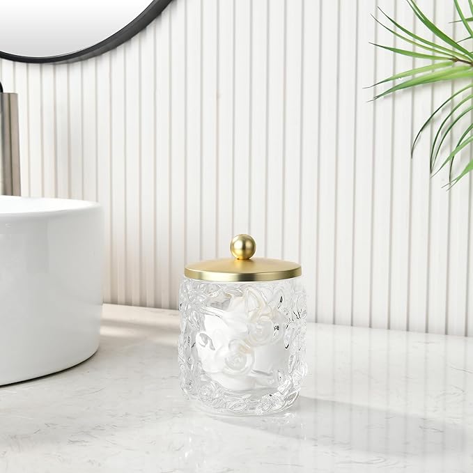 Home Glass Cotton Jar Holder Matte Gold Lid, Elegant Bathroom Storage Canister for Qtips, Cotton Balls, Floss, Makeup Organizer, Vanity Bathroom Organization