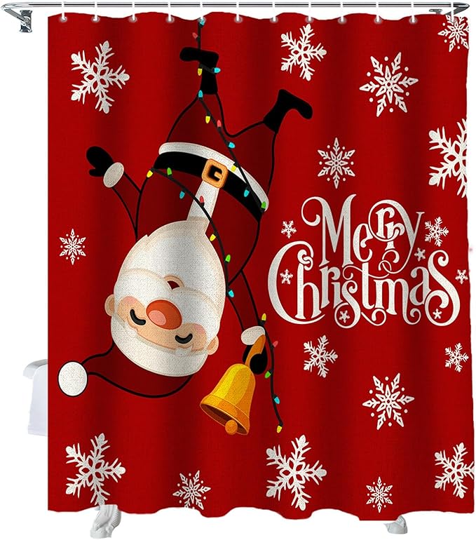 Red Merry Christmas Shower Curtain, Funny Hanging Santa Shower Curtains Set with Hooks, Snow Winter Holiday Waterproof Fabric Bathroom Curtains Decor Home Accessories,72X 96 Inch Extra Long