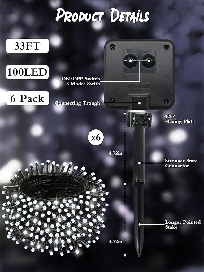6 Pack Christmas Solar String Lights Outdoor Waterproof, 198FT 600 LED Green Wire Solar Fairy Lights with 8 Modes, Solar Twinkle Lights for Garden Tree Patio Fence Christmas Decorations (Cool White)