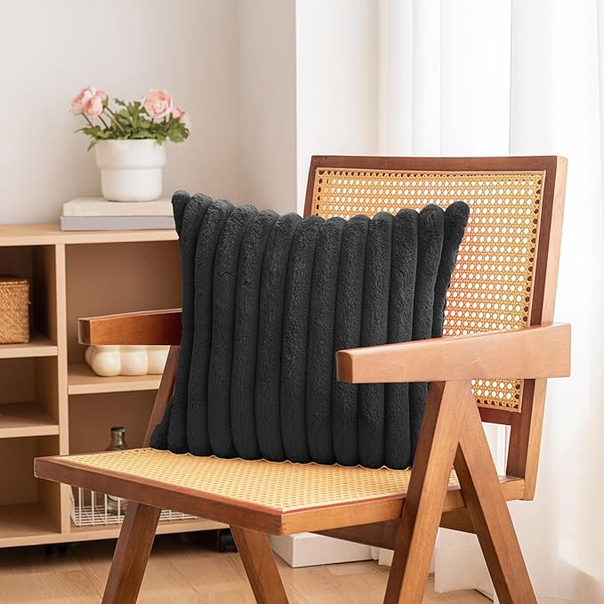 Double-Sided Faux Fur Plush Throw Pillow Covers 20x20 Set of 2 Fuzzy Striped Soft Cozy Pillowcase Luxury Decorative Pillows Square Fluffy Cushion Covers for Couch Sofa Bed,Black