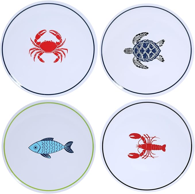 10-Inch Melamine Plates Set of 4 – Serving Dinnerware for Indoor/Outdoor Use, Ocean-Themed Design with Turtle, Crab, Lobster & Fish Patterns, Durable Dishwasher-Safe Plates‌,Sea Life