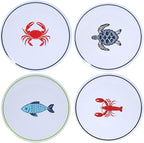 10-Inch Melamine Plates Set of 4 – Serving Dinnerware for Indoor/Outdoor Use, Ocean-Themed Design with Turtle, Crab, Lobster & Fish Patterns, Durable Dishwasher-Safe Plates‌,Sea Life