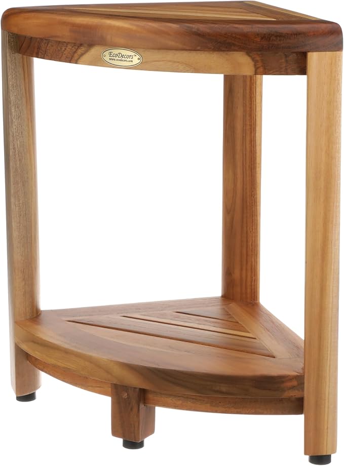 EcoDecors® SnazzyCorner® 18" Teak Wood Corner Shower Shelf in EarthyTeak Finish, Fully Assembled, for Bathroom & Outdoor Use