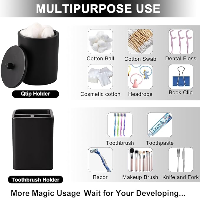 Resin 6 Pcs Black Bathroom Set Complete with Toothbrush Holder, Lotion Soap Dispenser, 2 Qtip Holder Dispensers,Vanity Tray,Bathroom Tumbler - Countertop Vanity Organizer - Bathroom Accessories Set