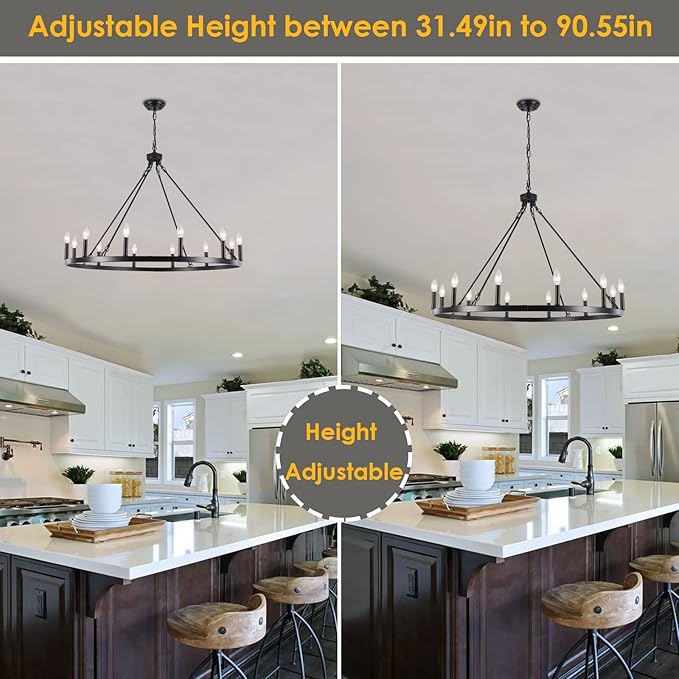 Black Wagon Wheel Chandelier 12-Light Farmhouse Chandelier for Living Room 38" Round Rustic Industrial Hanging Light Fixture for Dining Room Foyer Hallway Kitchen Island