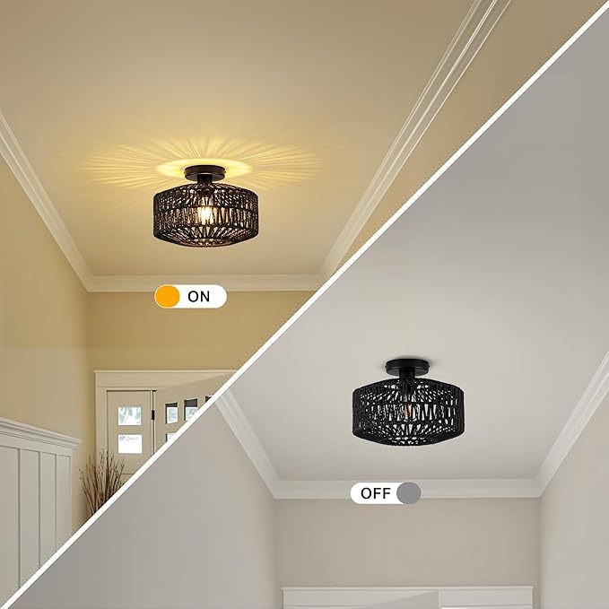 MAYNA Boho Ceiling Light Fixture, Black Rattan Light Fixtures Ceiling Mount,Mini Hand Woven Rattan Chandelier Light Fixtures for Bedroom Kitchen Entryway Living Room Hallway, Bulb NOT Included