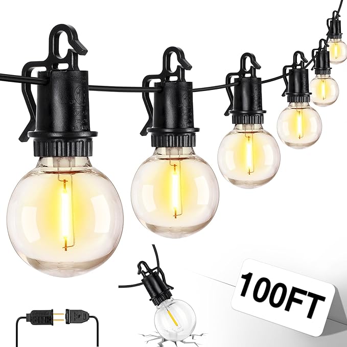ZJOJO 100FT Outdoor String Lights, G40 Globe Outdoor Lights with 30 Shatterproof LED Bulbs (3 Spare), 2700K Hanging IP65 Waterproof Patio Light String Lights for Outside Backyard Porch Party