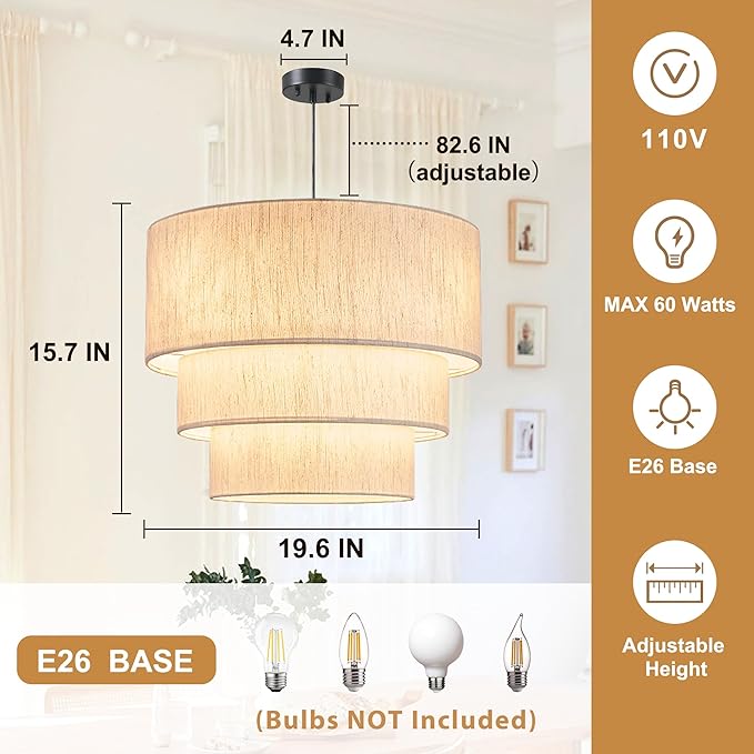 19.7" Linen Drum Pendant Light, Drum Light Chandelier Pendant Lights Kitchen Island Lighting, 3 Tier Large Farmhouse Pendant Hanging Light Dining Room Pendant Chandelier for Foyer Hallway