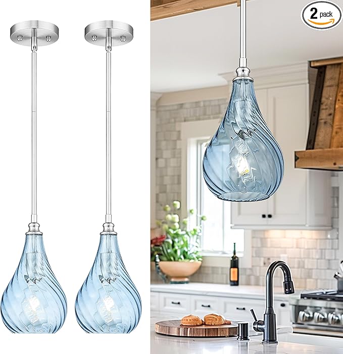 TENGXIN 2 Pack Kitchen Pendant Lighting Over Island 6 Inch,Hanging Pendants Light,Brushed Gold Finished Striped Glass Pendant Light,Farmhouse Pendant Light for Dining Room,Bedroom