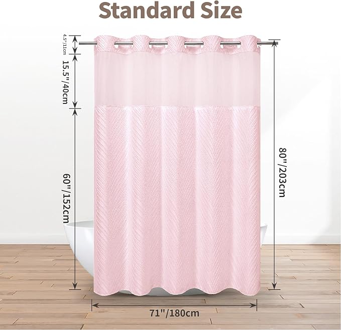 no Hook Shower Curtain and Liner Set，Boho Style with See Through Top Window, Pink Fabric Tufted Striped Textured Outer Curtain & Waterproof Inner Liner, Pink, 71Wx80H