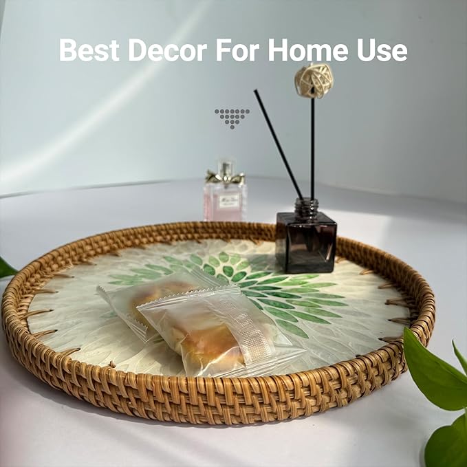 11.8 inch Round Rattan Serving Tray with Mother of Pearl Inlay Wicker Platter Coffee Tray for Coffee Table Decor Coastal Boho Kitchen Storage Display Decorative Basket Food Tray Handmade Wall Decor