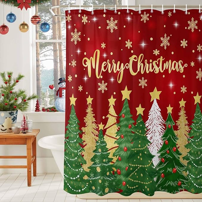 Vandarllin Christmas Shower Curtain, Merry Christmas Shower Curtains Set with Hooks, Gold Star Xmas Tree Snowflakes Waterproof Bathroom Curtains Xmas Holiday Decor Home Accessories,Stall Long 36 X 78
