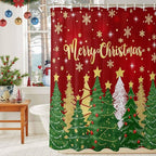 Vandarllin Christmas Shower Curtain, Merry Christmas Shower Curtains Set with Hooks, Gold Star Xmas Tree Snowflakes Waterproof Bathroom Curtains Xmas Holiday Decor Home Accessories,Stall Long 54 X 78