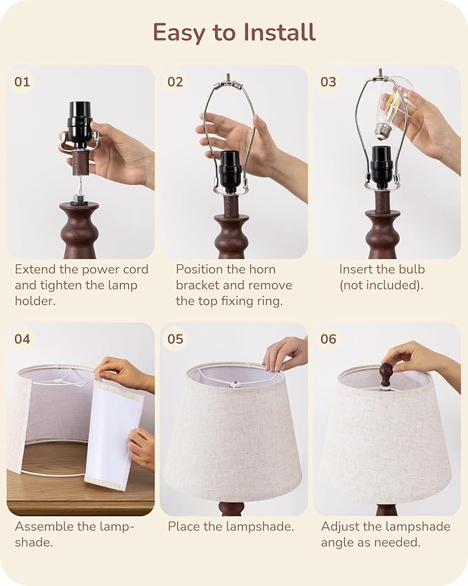 EDISHINE 21.85" Boho Table Lamp, Rustic Bedside Lamp, Water Transfer Red Wood Grain Metal Base, Beige Linen Shade, Farmhouse Nightstand Lamp for Living Room, Bedroom, Office, E26 Base