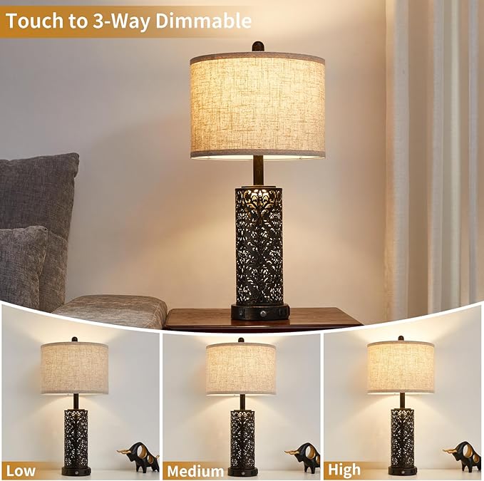 26" Farmhouse Table Lamp Dual Light 3-Way Dimmable Touch Control, 2 USB Ports + AC Outlet Rustic Bedside Lamp for Living Room Bedroom and Nightstand with Nightlight (Black-1 Pack)