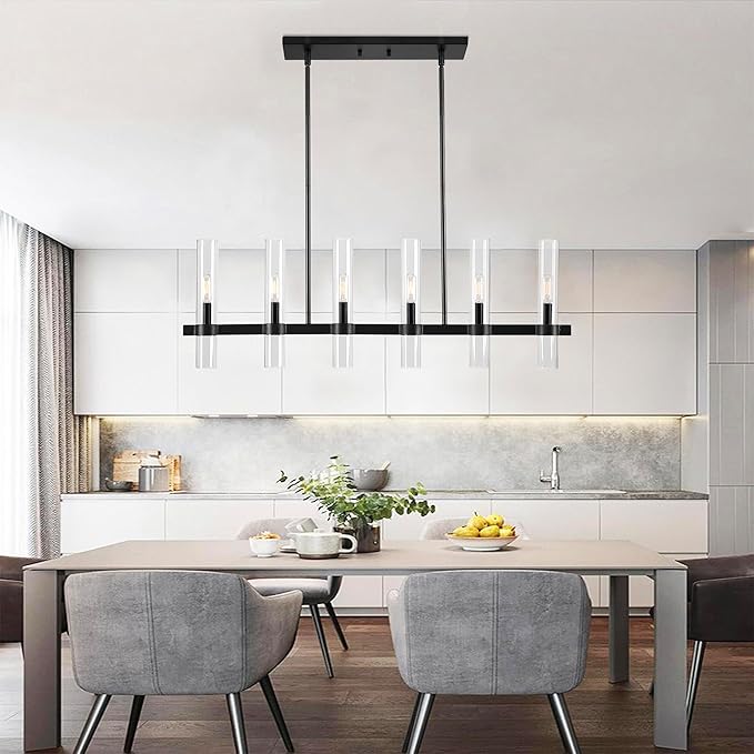 Untrammelife Modern 6-Light Linear Chandelier in Coal Black Finish 36" Farmhouse Rectangle Dining Room Light with Clear Glass Shade Linear Island Pendant Light for Kitchen Island Bedroom