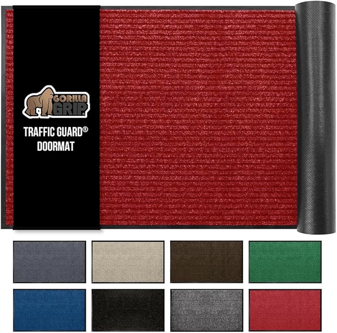 GORILLA GRIP Traffic Guard Door Mat, Heavy Duty Welcome Mats, Commercial Office Space Doormat, Waterproof, Fade Resistant, Strong Rubber Backing, Low Profile, Shoe and Boot Scraper, 29x17, Red