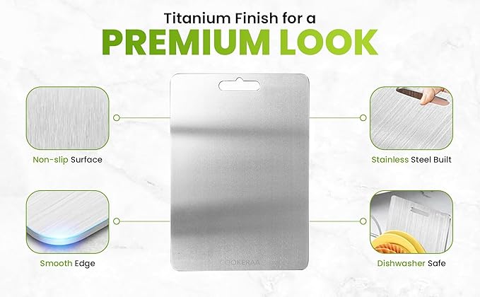Titanium Cutting Board with Anti-Slip Silicone Pad & Multipurpose Scraper, Food Grade Rustproof Stainless Steel Cutting Board Kitchen Set, Space Saving Design, Non-Skid Bottom (14" x 10")