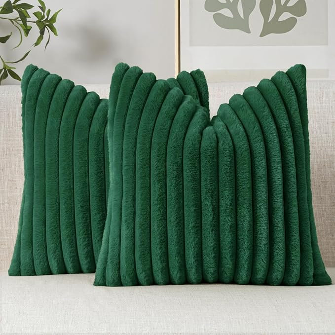 MIULEE Faux Fur Christmas Decorative Throw Pillow Covers 18x18 Inch Set of 2, Modern Spring Home Decor Soft Plush Couch Pillows Cozy Fluffy Cushion Covers for Sofa Bed Dark Green
