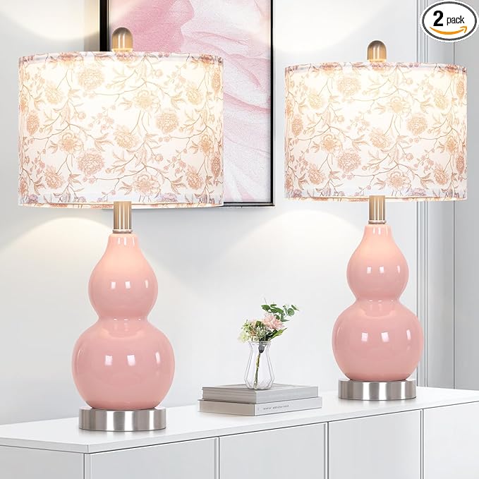 Pink Double Gourd Ceramic Lamps Set of 2 with Flower Lampshade, Modern Table Lamps for Living Room, Contemporary Nightstand Bedside Lamp for Bedrooms End Tables Office Dorm Decor(2 LED Bulbs Included)