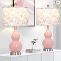 Pink Double Gourd Ceramic Lamps Set of 2 with Flower Lampshade, Modern Table Lamps for Living Room, Contemporary Nightstand Bedside Lamp for Bedrooms End Tables Office Dorm Decor(2 LED Bulbs Included)