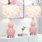 Pink Double Gourd Ceramic Lamps Set of 2 with Flower Lampshade, Modern Table Lamps for Living Room, Contemporary Nightstand Bedside Lamp for Bedrooms End Tables Office Dorm Decor(2 LED Bulbs Included)