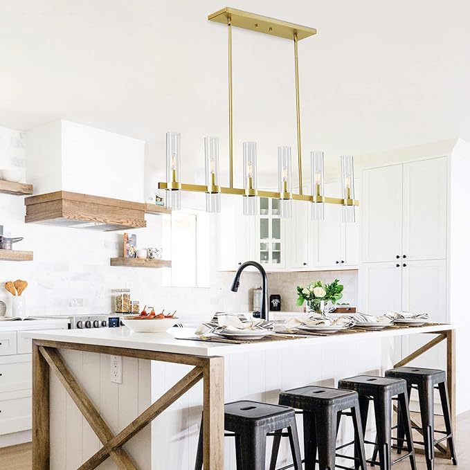 Untrammelife 6-Light Modern Linear Chandelier, 36" Gold Kitchen Island Pendant Lighting with Clear Glass Shade, Adjustable 54" Metal Rod Farmhouse Rectangle Hanging Light Over Table, Dining Room