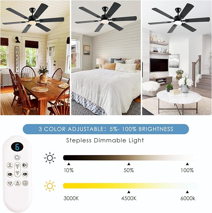 56inch Black Ceiling Fans with Lights and Remote/App Control, Dimmable LED, Reversible DC Motor, Noiseless, 6 Double-Side blades, 6 Speeds Low Profile Ceiling Fan for Indoor/Outdoor Use