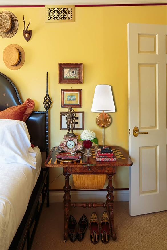 Bedroom Bedside Wall Lamps Set of 2 Gold Brass Plug in Wall Sconce Fabric Shade for Living Room